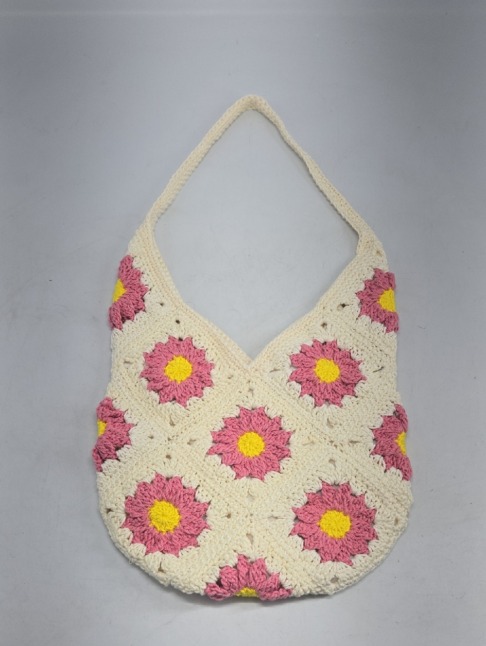 NEW Handmade Crochet Floral Shoulder Bag  Cream, Pink & Yellow